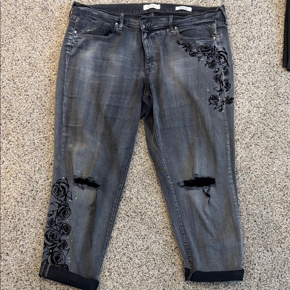 Jessica Simpson grayish black distressed Jeans with Black Floral Accents